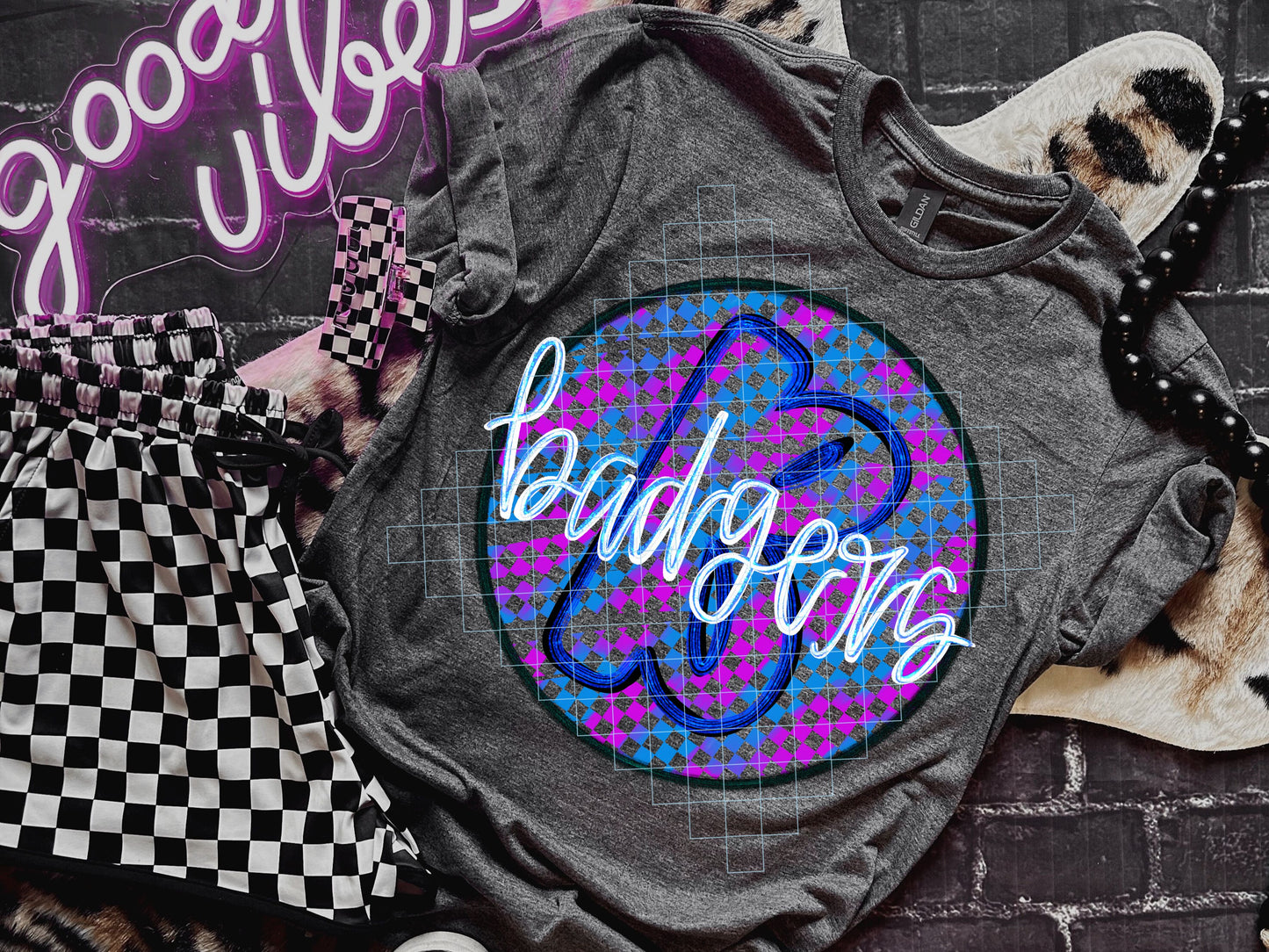 Neon checkered mascot tee GGA