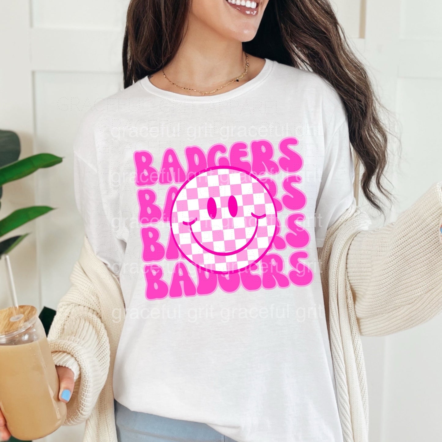 Pink Stacked Badgers Checkered Smiley